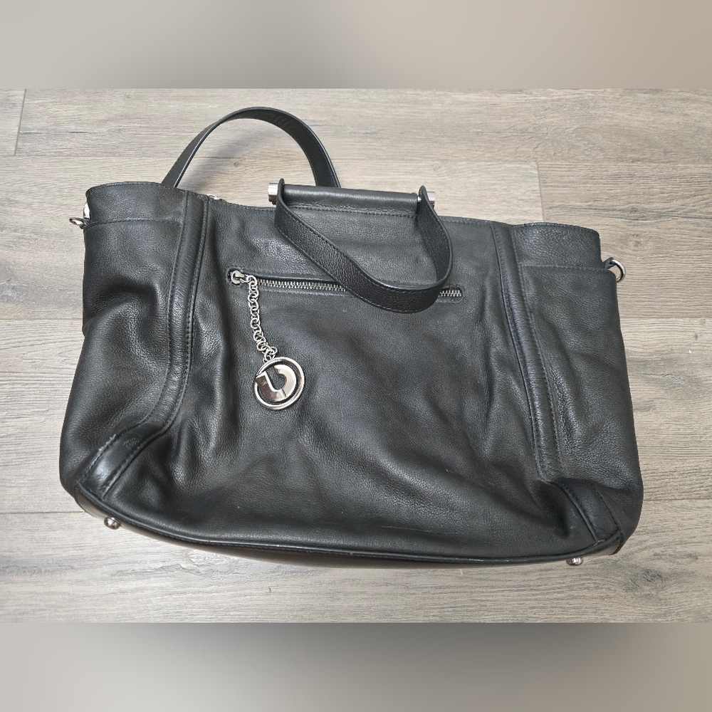 Charles Jourdan Black Leather Tote Messenger Bag Classic Chic Silver Hardware